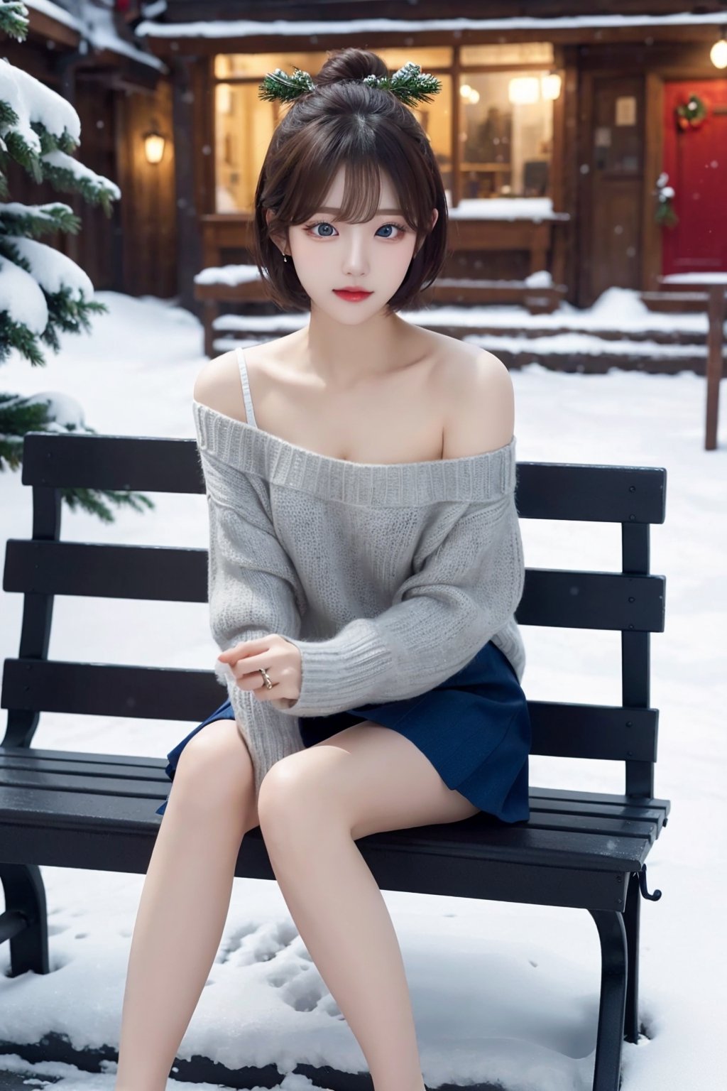 8K resolution, 3d, masterpiece, best quality, Cinema Reality, High resolution, high quality, Snowy City, Girl Sitting Christmas Tree on Bench in Front of Building, short skirt, open shoulder Wearing a sweater, Skirt, Shy expression, Full-body shot, small natural finger, tie short hair style, blue_eyes, korea idol style, cute face