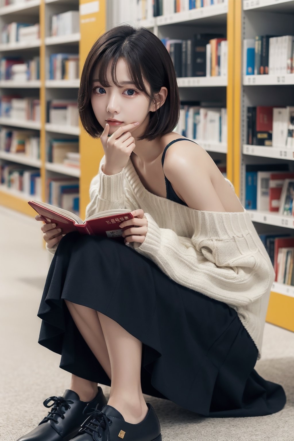 8K Cinema Reality, High resolution, high quality, A A girl sitting on the library floor reading a book, open shoulder Wearing a sweater, Skirt, Korean style, Shy expression, Full-body shot, small natural finger, short hair, blue_eyes