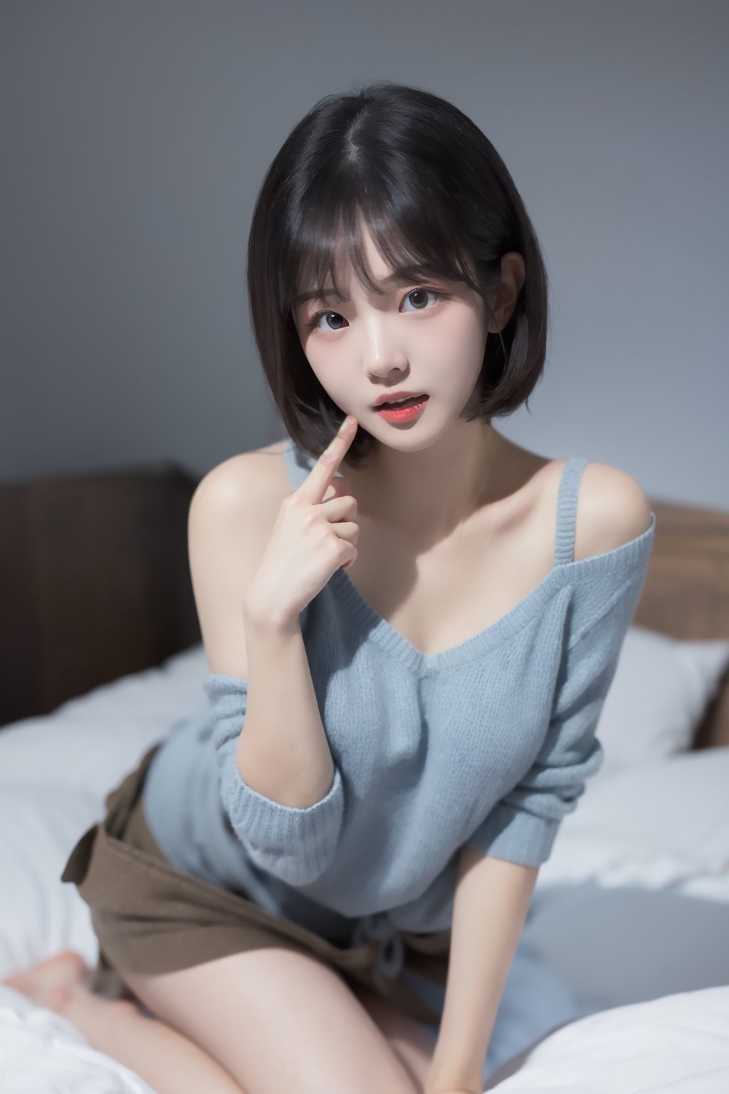 8k 3d  Reality, (best quality), (masterpiece), (korean pretty girl), a girl lying in bed, making humorous gestures, real face, a natural facial expression, clean and white skin, see blue eyes, a small natural finger, thin, small, and pretty hands, open shoulder Sweater shirt, micro short Skirt, tied short brown hair, Reality 3d background, ,zzenny_n,1 girl,hold_up_legs,nightgown