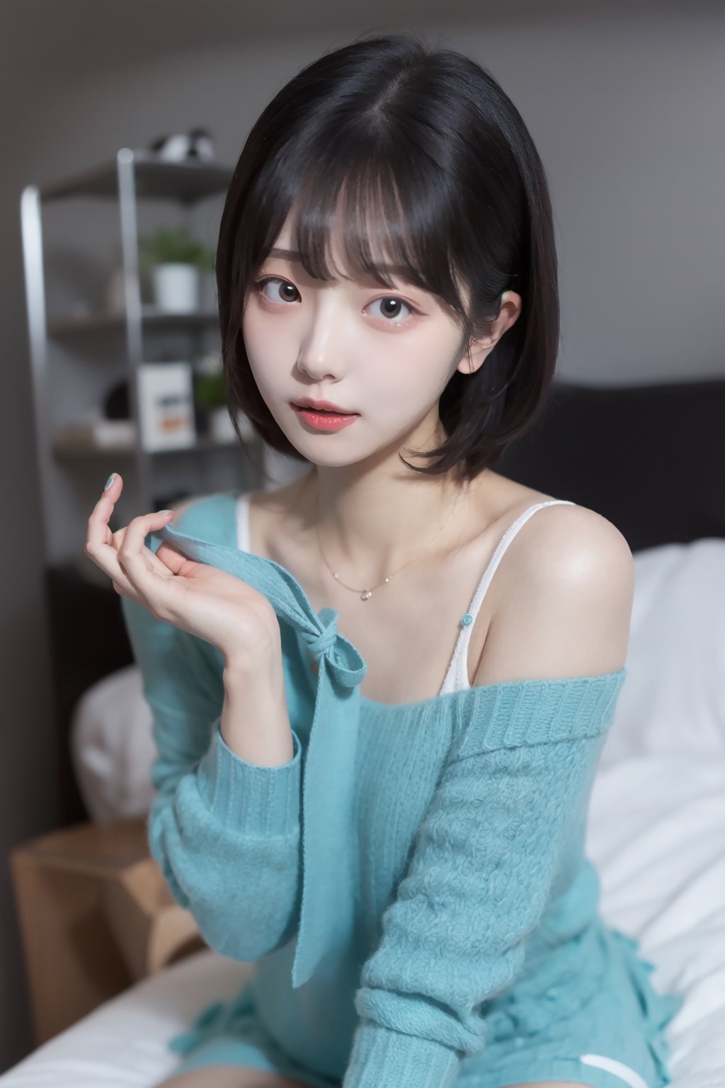 8k 3d  Reality, (best quality), (masterpiece), (korean pretty girl), a girl lying in bed, making humorous gestures, real face, a natural facial expression, clean and white skin, see blue eyes, a small natural finger, thin, small, and pretty hands, open shoulder Sweater shirt, micro short Skirt, tied short brown hair, Reality 3d background, ,zzenny_n,1 girl,hold_up_legs,nightgown