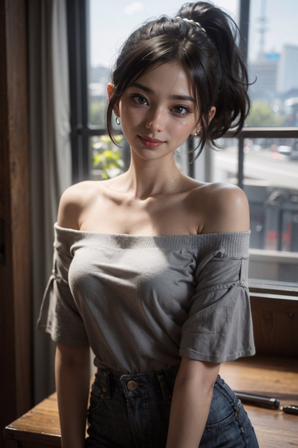 8K resolution, masterpiece, best quality, realistic,cinematic lighting, extremely detailed,korea idol style,19age,short high_ponytail girl with black hair,smile realistic face,browneyes, off-shoulder_shirt, in a realistic setting,body shot, with a realistic background, 3Dcinematic, Multiple_earrings,pose,ninjascroll,kawacy,no_humans,interior, ,isometric