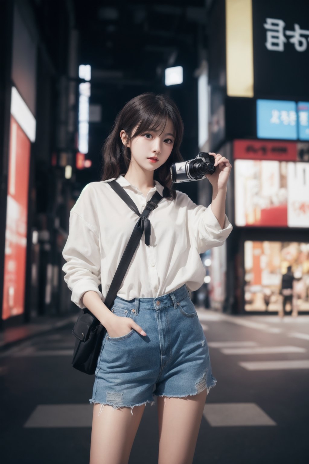 8K Cinema Reality, High resolution, high quality, A girl who takes pictures with a camera in the future city, Korean style, Full-body shot, small hands, small natural five finger, tied hair style, blue_eyes