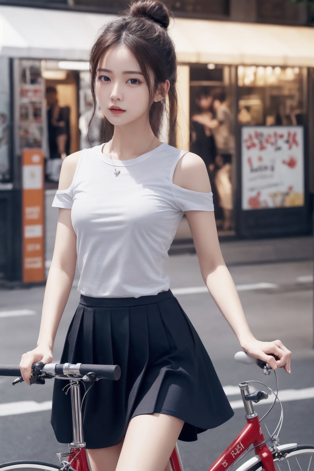 8K Cinema Reality, High resolution, high quality, a girl riding a bicycle in a short skirt, open shoulder Wearing a cotton T-shirt, Skirt, hiheal, Korean style, Shy expression, Full-body shot, small natural finger, Roll bun hair style, blue_eyes