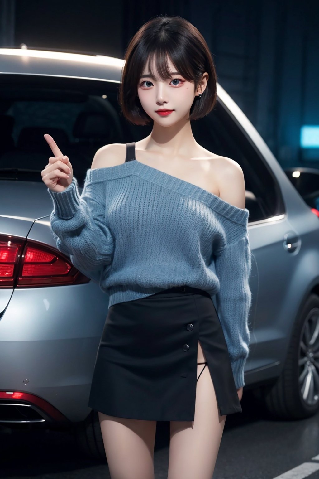 8K resolution, 3d, masterpiece, best quality, Cinema Reality, High resolution, high quality, A girl standing next to a future car in a dark future city, short skirt, open shoulder Wearing a sweater, Skirt, hiheal, Korean style, Shy expression, Full-body shot, small natural finger, disheveled short hair style, blue_eyes, korea idol style, cute face