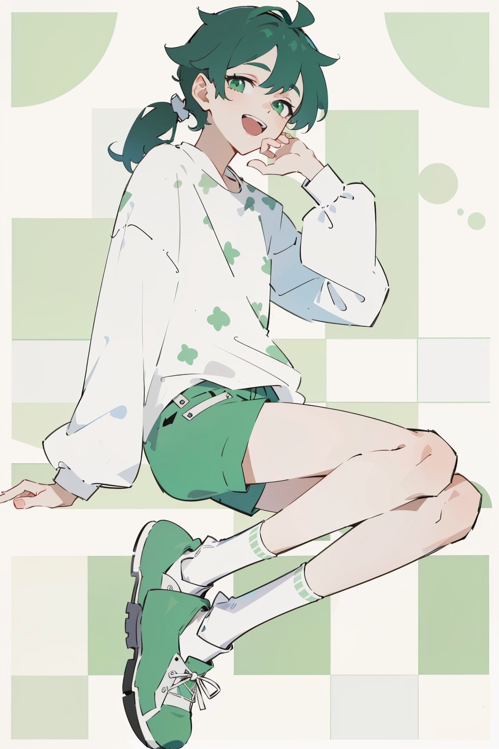 (masterpiece, best quality, highres:1.3), ultra resolution image, (Detailed facial expressions), teenager, 14 years old, (1boy),((solo)), very light green low ponytail,  light_green_eyes, ((White long-sleeved shirt)), wide shorts, withe shoes, socks, laugh, ((happy)), (pattern background),  midjourney ,masterpiece