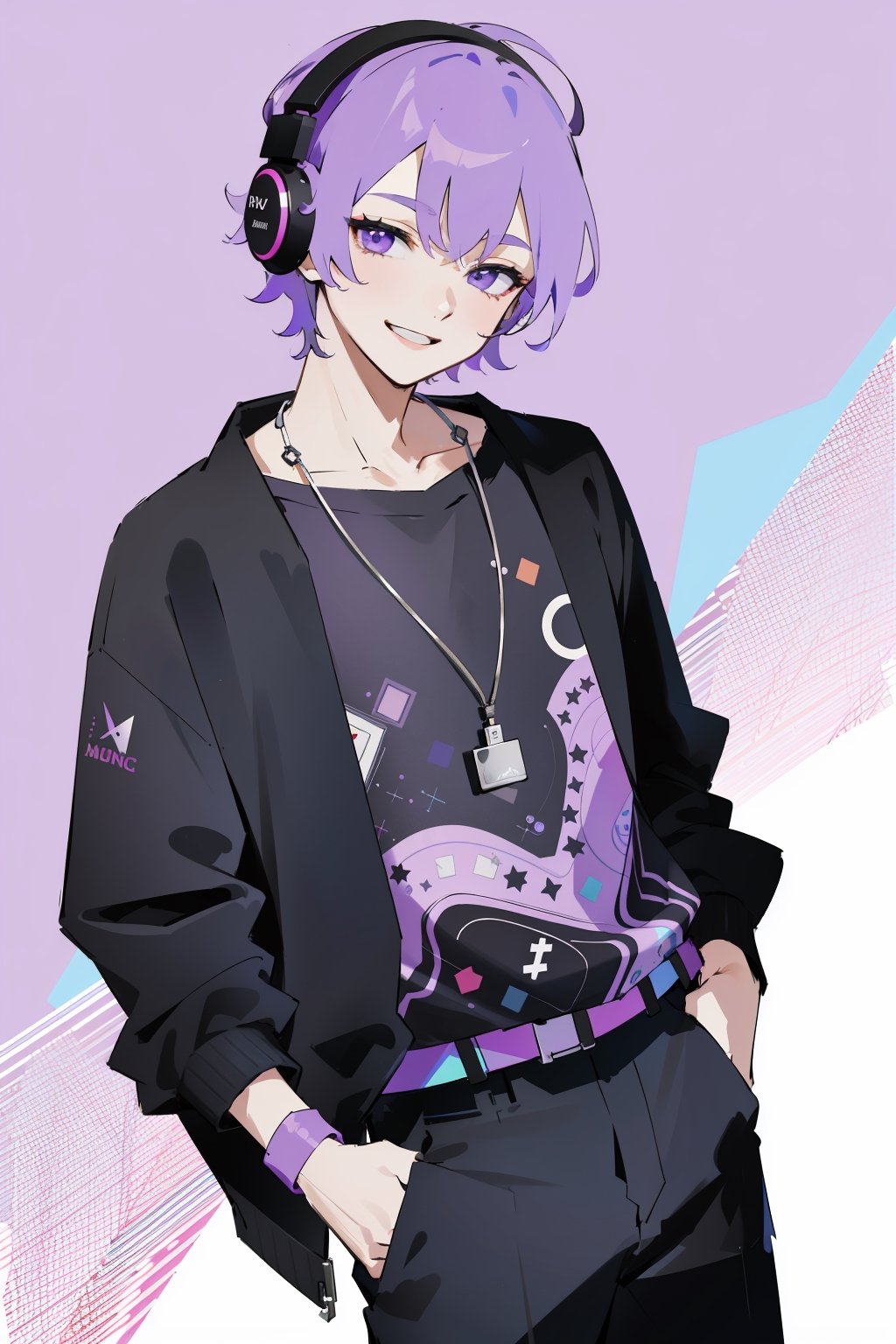 (masterpiece, best quality, highres:1.3), ultra resolution image, (Detailed facial expressions), teenager, 14 years old, (1boy),((solo)), lavender_hair,   purple_eyes, Black T-shirt, black jacket, boys necklace, black_pants, headphones, cool, smile, ((happy)), (pattern background),  midjourney ,masterpiece