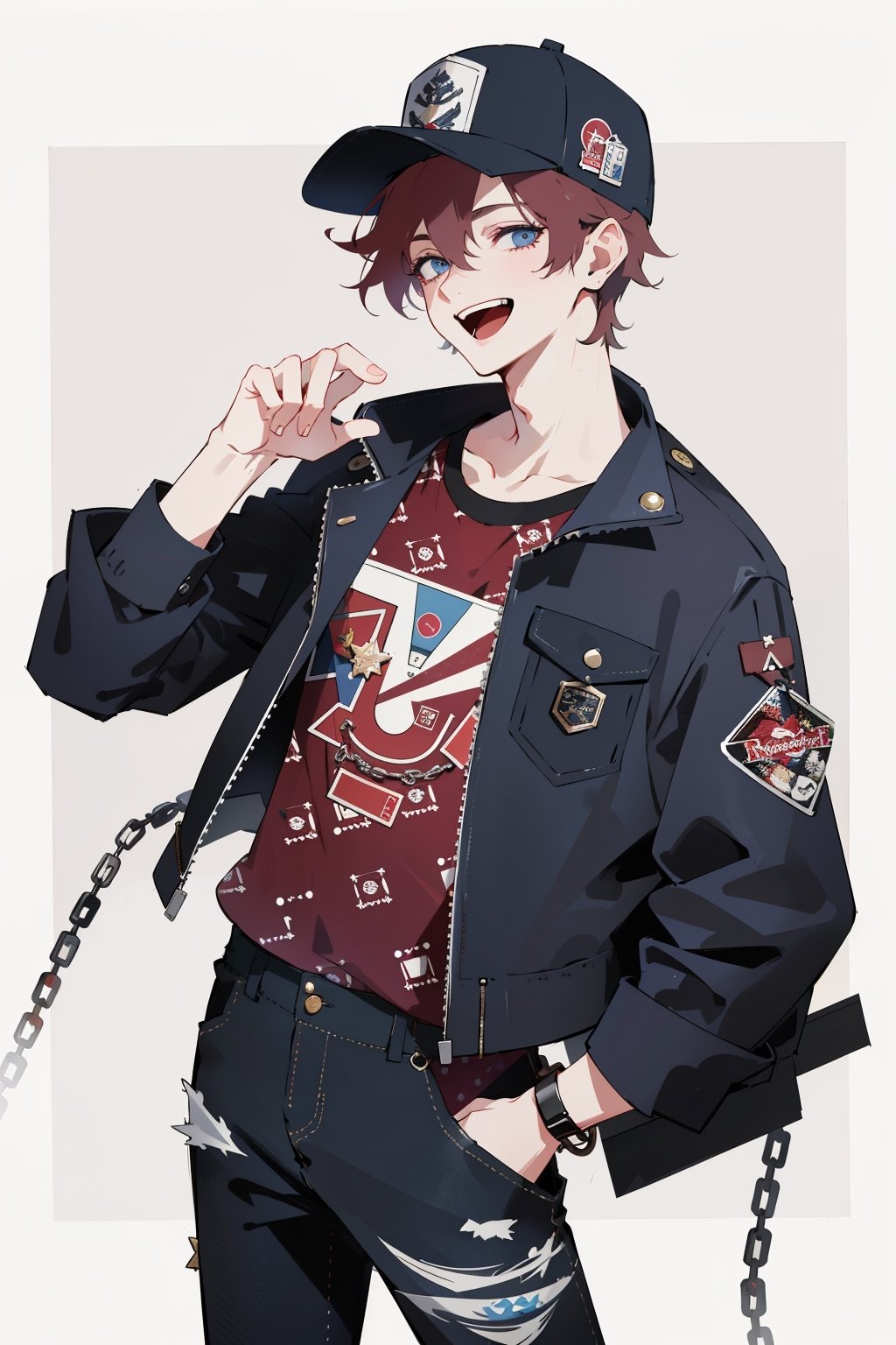 (masterpiece, best quality, highres:1.3), ultra resolution image, (Detailed facial expressions), teenager, (1boy),((solo)), Burgundy hair, blue eyes, black jacket, chain, casual fashion, black ripped jeans, trendy baseball cap, laugh, ((happy)), (pattern background),  midjourney ,masterpiece