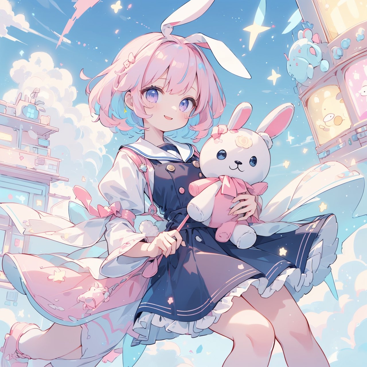 (masterpiece, best quality, highres:1.3), ultra resolution image, (1girl), ((solo), smile, happy, soft toy, teddy bear, bunny doll, clouds, claw machine, claw machine, pink, blue, fantasy,  ((Navy_blue_hair)),  short_hair, purple_eyes
