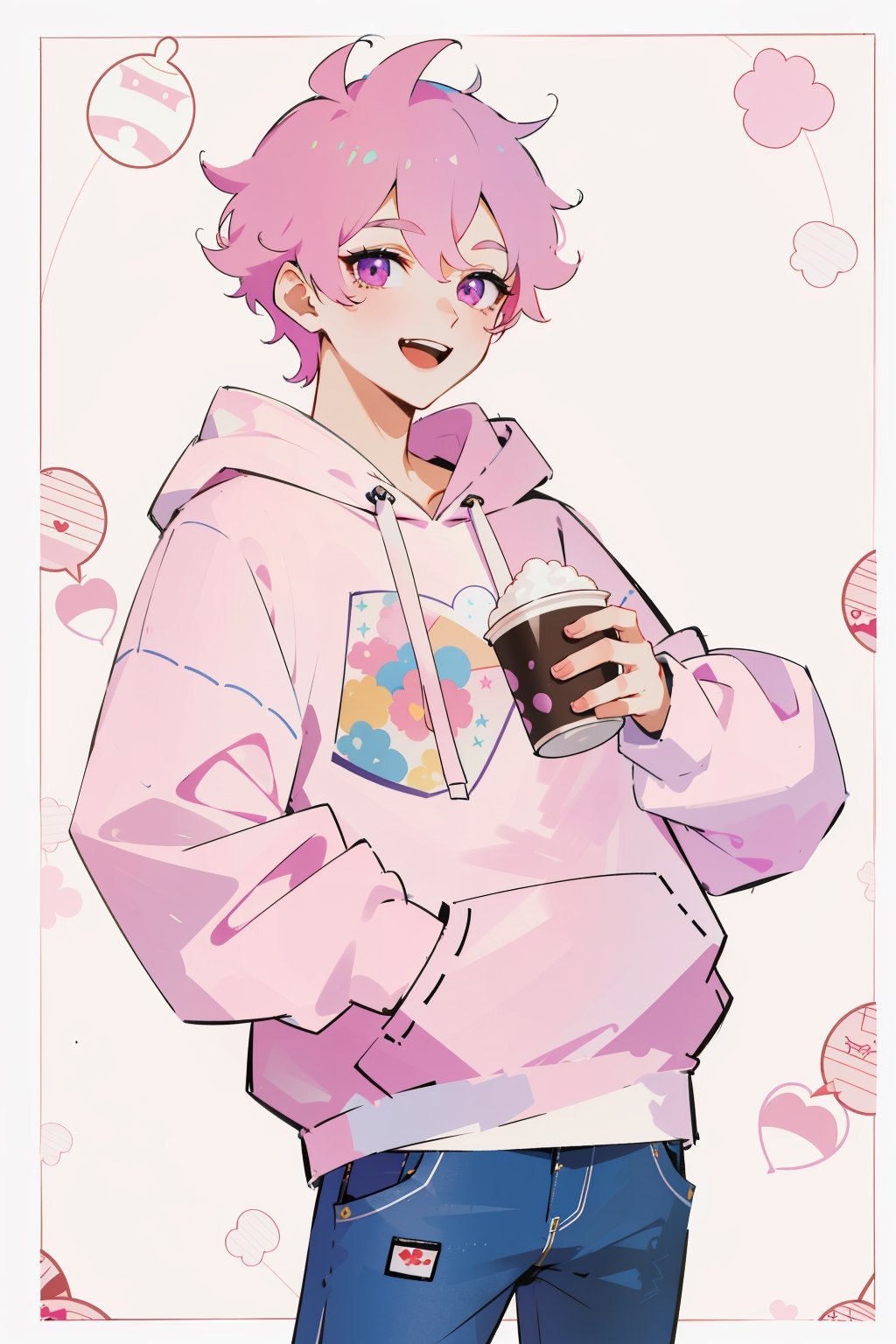 (masterpiece, best quality, highres:1.3), ultra resolution image, (Detailed facial expressions), teenager, (1boy),((solo)), pink hair, pink eyes, cute hoodie, espadrilles, blue jeans, boba tea in hand, laugh, ((happy)), (pattern background),  midjourney ,masterpiece, White trousers