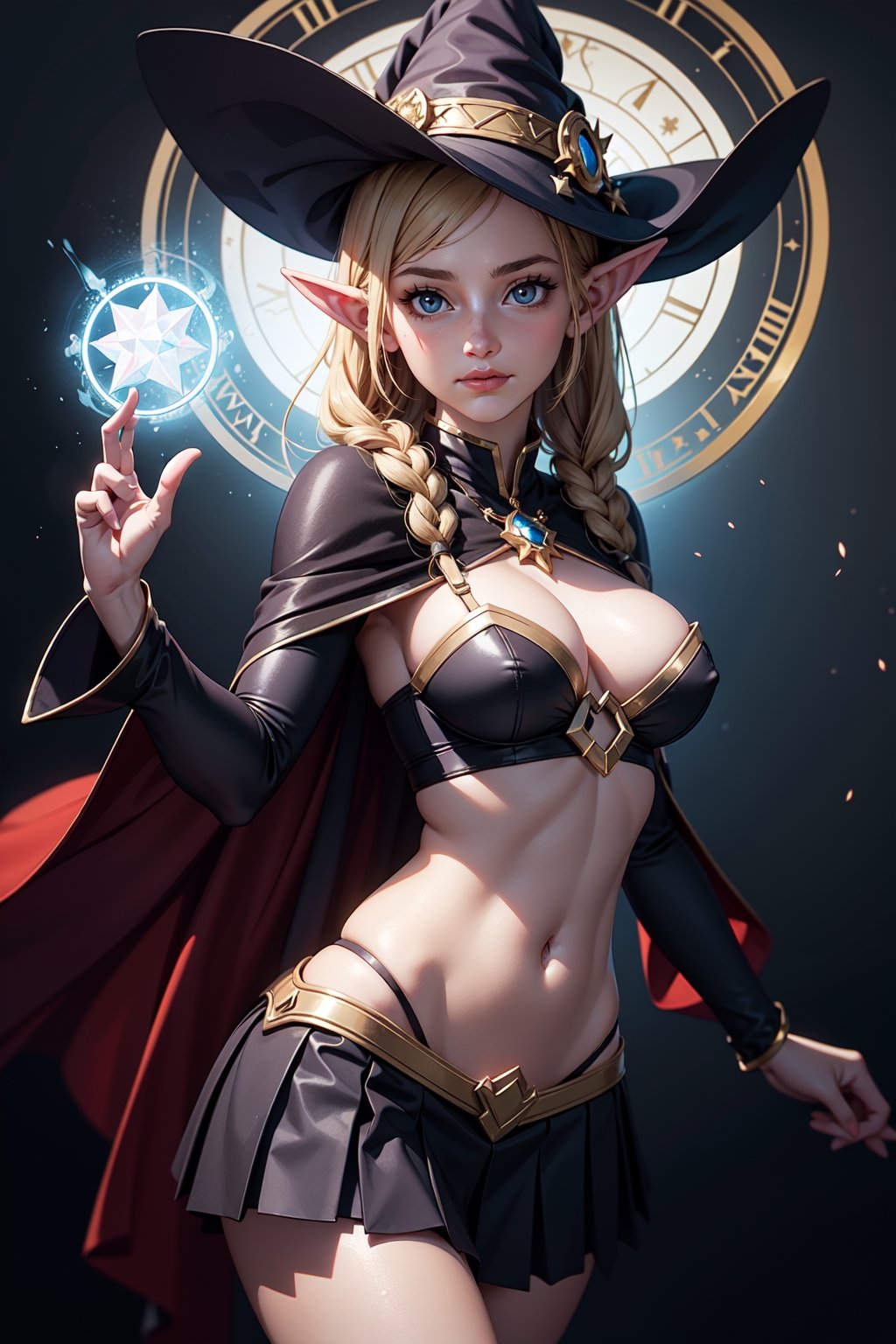 Masterpiece, Best Quality, 1girl, witch, Smile, elf ears, casting ice magic, magic circle, [fire:ice], dark fantasy theme, cowboy shot, pleated skirt, Navel-baring clothing, looking at viewer.
