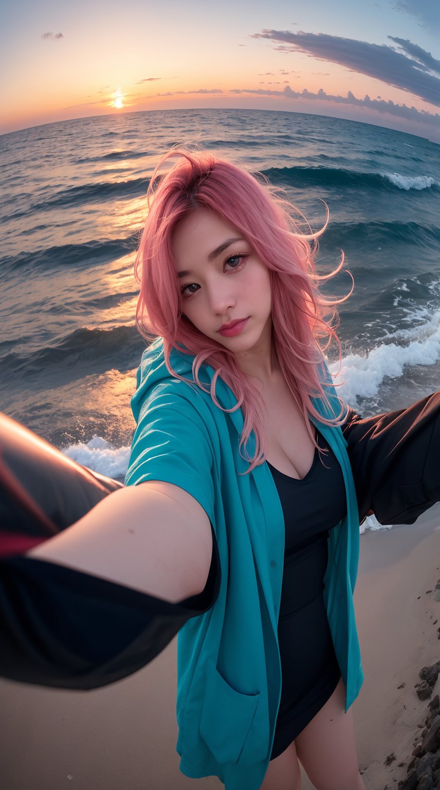 1girl, fisheye, selfie, sea, wind, messy hair, sunset, beach, (aesthetics and atmosphere:1.2), pink hair,smiling,sexy,very beuatiful background,very detailed sky,