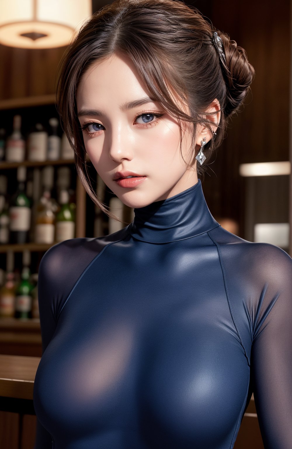 #McBane: photo of extremely sexy italian woman, a sexy student, closeup portrait upsweep updo, (red tight long sleeve turtleneck top), at a  bar, masterpiece, photorealistic, best quality, detailed skin, intricate, 8k, HDR, cinematic lighting, sharp focus, eyeliner, painted lips, earrings, extremely sexy seductive blue eyes, perfect