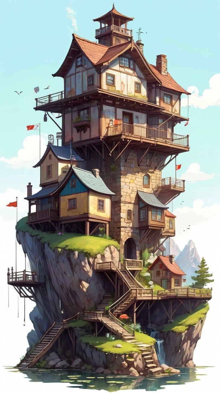 a tall house on top of a steep mountain near a pond with water,

illustrated city by michael jonas from japan | creative process photos ,

totally cool illustration of a cool town by josh wood on mydoodle4u ,

a cartoon illustration of a complex of houses built into a floating island flag, scenery, chimney

None of these messages are good.