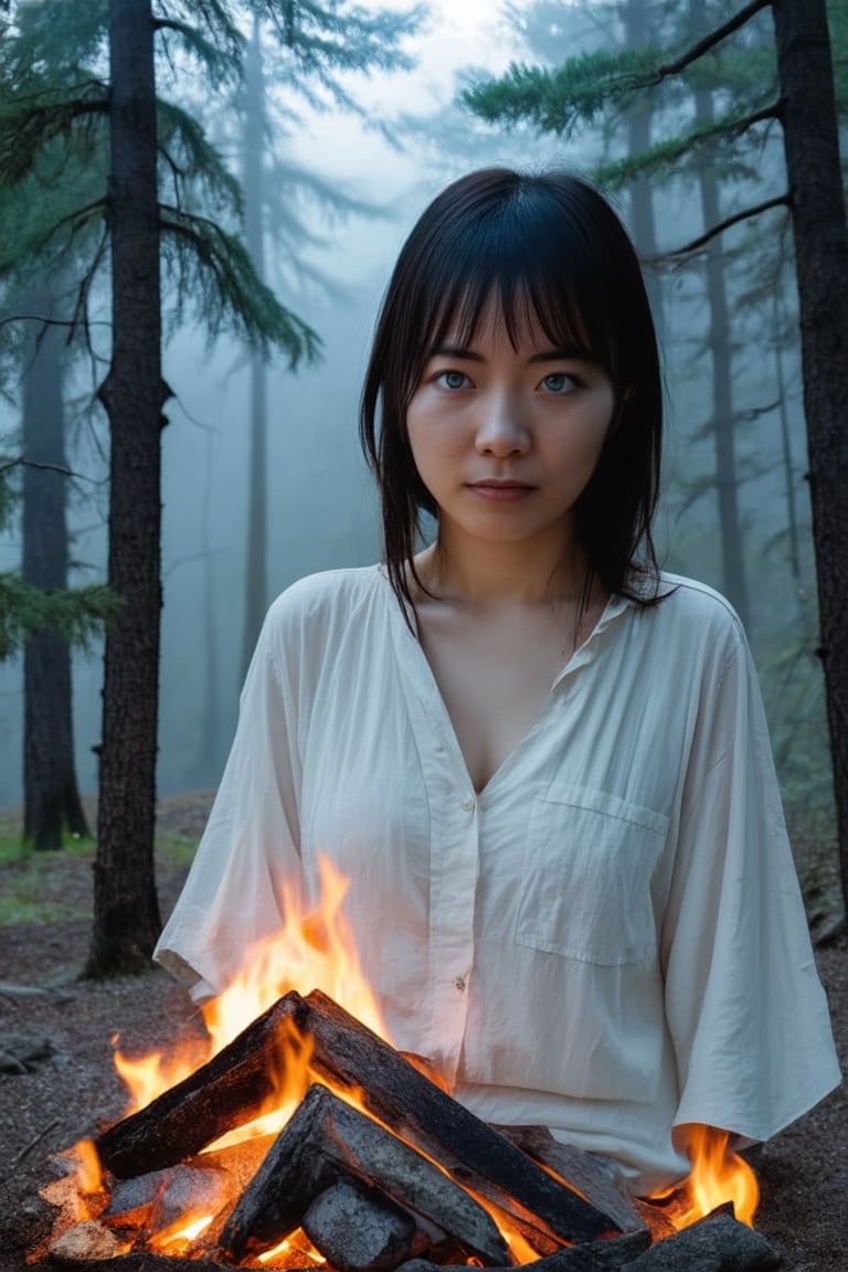 A young Japanese woman is camping in a deep mountain forest with thick fog,campfire,masterpiece,best quality,ultra detailed face,ultra detailed,4k,((blue eyes,blueeyes,blue_eyes)),skinny,(wide shot),ghost_girl,ghost,night,spooky,midnight,cleavage,dirty shirts,(boobs),tent,campfire