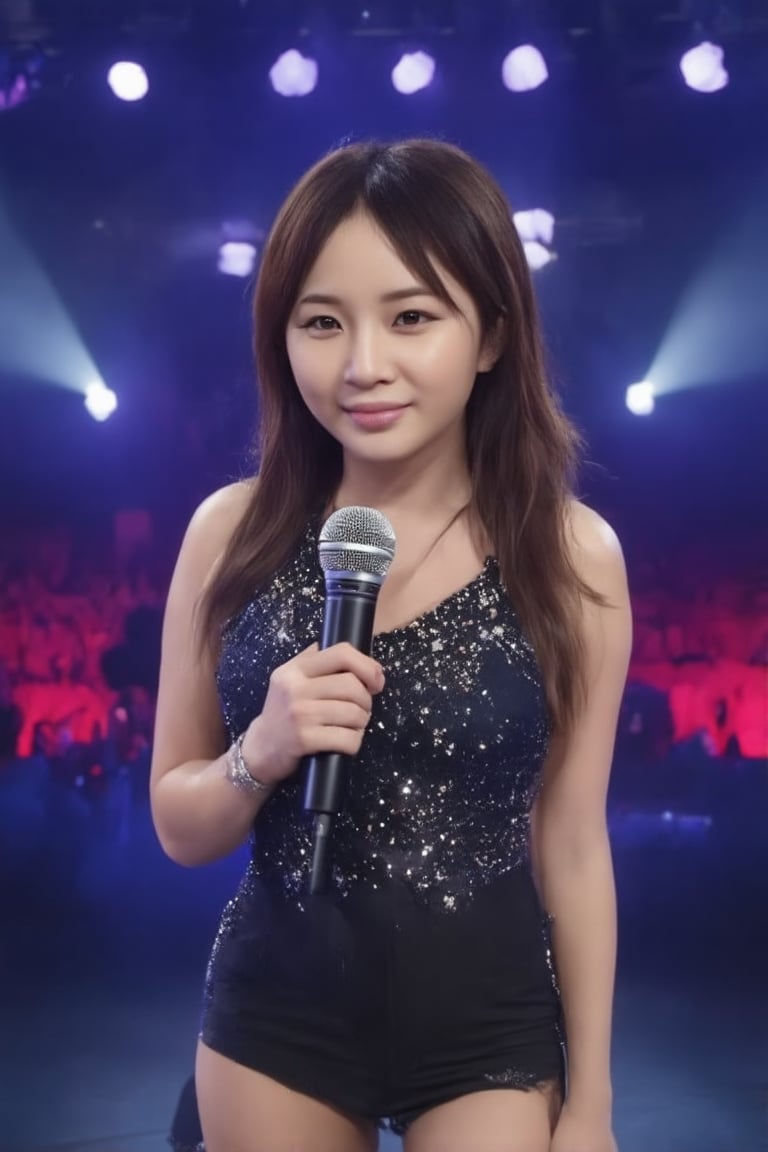 A glamorous K-pop star stands center stage, exuding elegance and charm. The scene is set in a grand concert hall, with spotlights creating a dramatic effect, highlighting her flawless makeup and luxurious attire. She poses with a confident smile, holding a microphone, her posture reflecting poise and sophistication. The background is filled with vibrant, colorful lights, enhancing the atmosphere of a high-energy performance. The composition captures her star power and the electrifying ambiance of a K-pop concert.