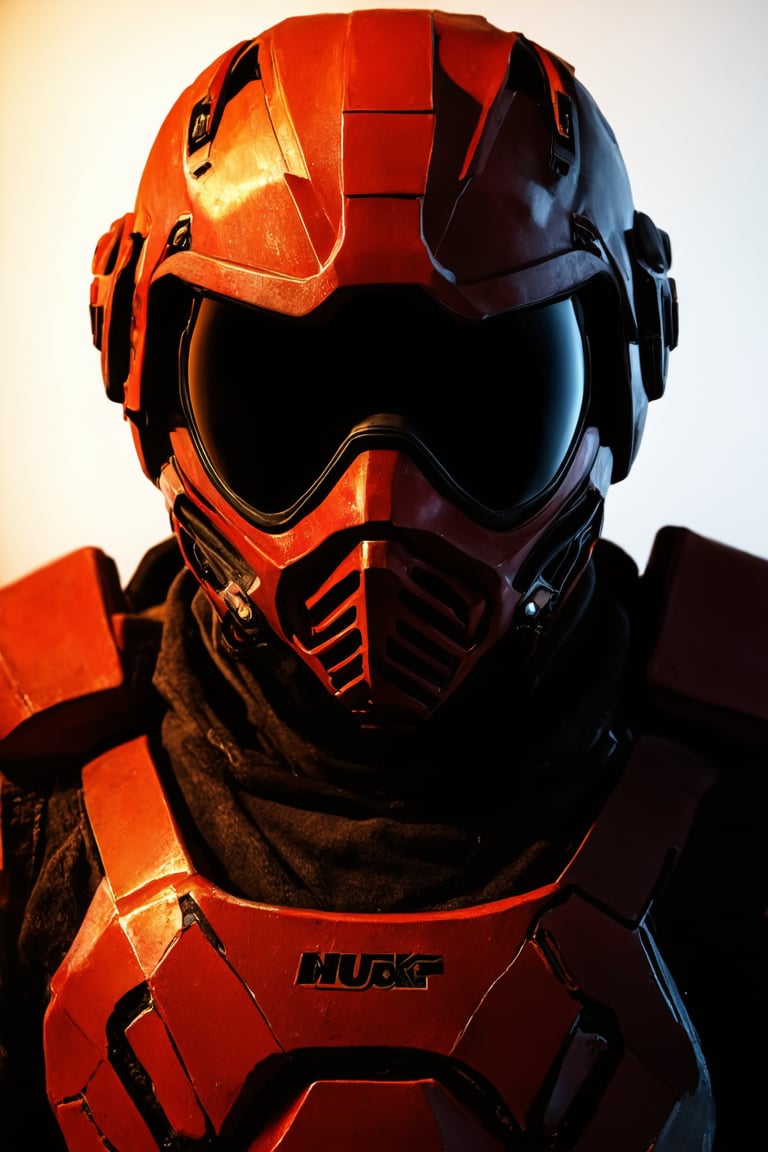 A close-up shot of a soldier's helmet, featuring a red power armor suit with a black mask covering their face. The lighting is dimly lit with a warm glow, highlighting the metallic texture of the armor. The composition is tight, focusing on the details of the helmet and mask. The subject, the soldier, is in a neutral pose, looking straight ahead.,snukp,helmet with mask