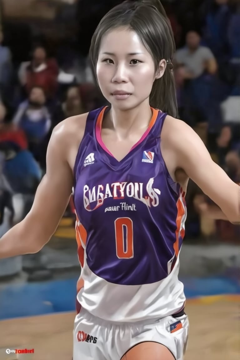 A stunningly athletic basketball girl with porcelain-like white skin, her appearance exudes beauty and grace. A dynamic portrait captures her in mid-dribble, showcasing her physical prowess and confidence. Every detail is meticulously rendered, from her elegant posture to the vibrant colors of her jersey and the intensity in her gaze. The image radiates power and energy, drawing viewers into the captivating world of sports and athleticism.,FuturEvoLabChibi