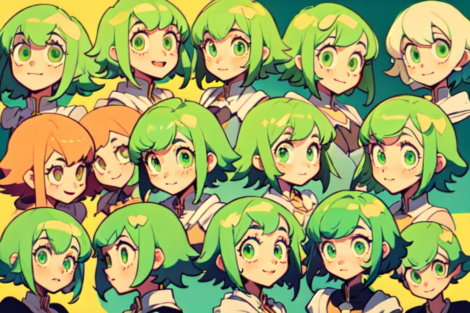 (best quality, masterpiece), Drawing proportions, multiple face showcase, 4 girls, 4 faces, different angles, cute faces, soft lighting, Megpoid Gumi, beautiful short hair with two large bangs, beautiful detailed eyes, simple design, rounded boobs, green hair, green eyes, deep shadows in the eyes, cute face proportions, shape language, GUMI, cute eyes, multiples expressions, different clothes