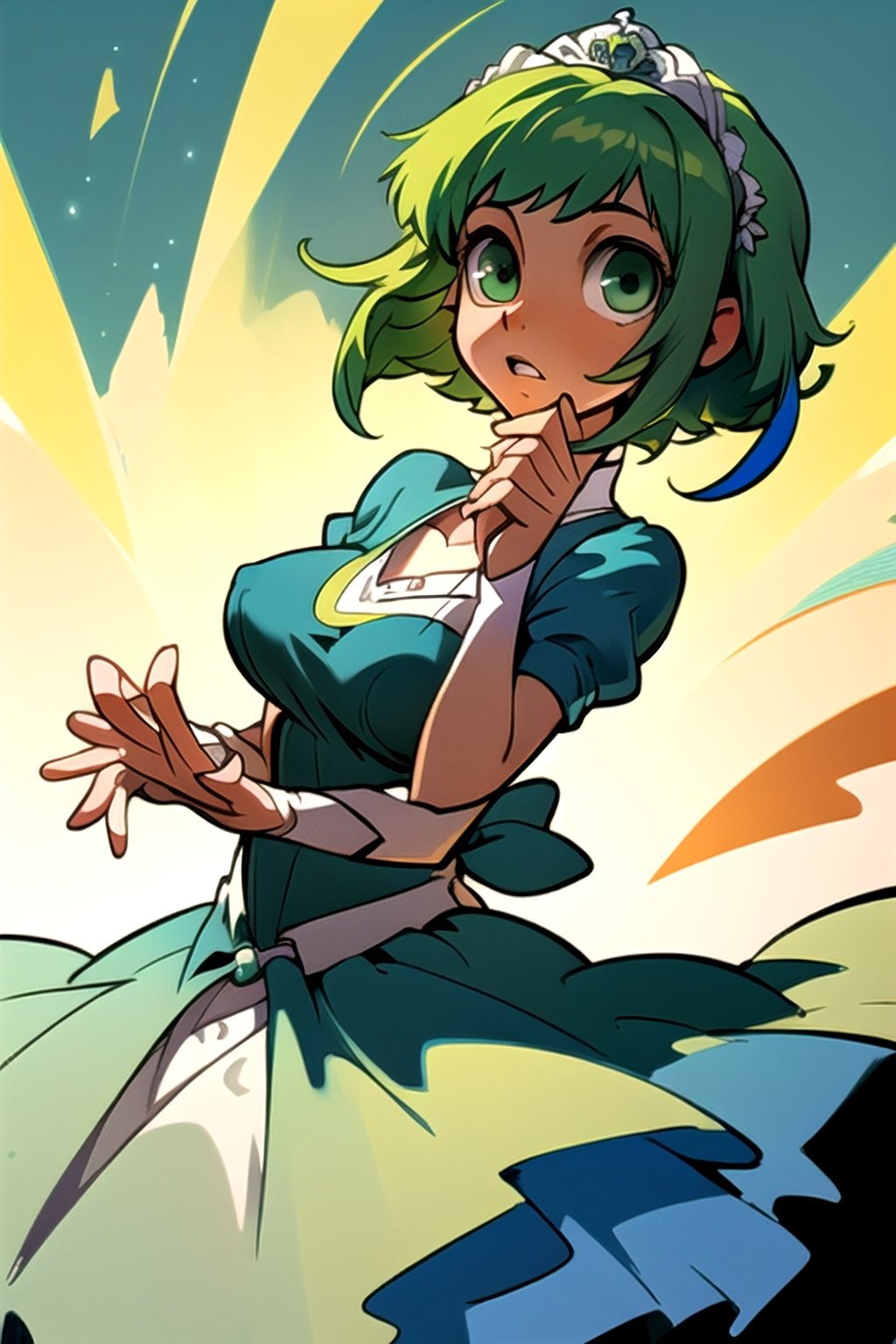 (best quality,  masterpiece),  soft lighting,  dynamic angle,  1girl,  Megpoid Gumi,  beautiful short hair,  beautiful detailed eyes,  simple design,  rounded boobs, (original blue bride dress), gestual expressive hands,  cool pose,  green hair,  green eyes, Good anatomy, thicker lines