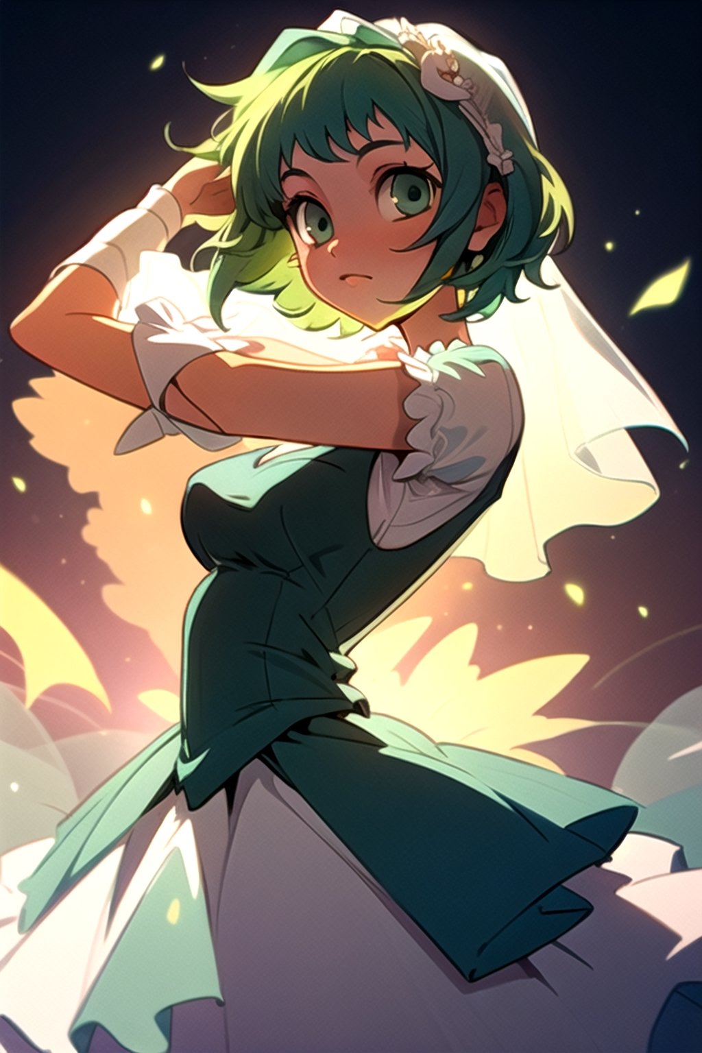 (best quality,  masterpiece),  soft lighting,  dynamic angle,  1girl,  Megpoid Gumi,  beautiful short hair,  beautiful detailed eyes,  simple design,  rounded boobs, (original blue bride dress), cool pose,  green hair,  green eyes