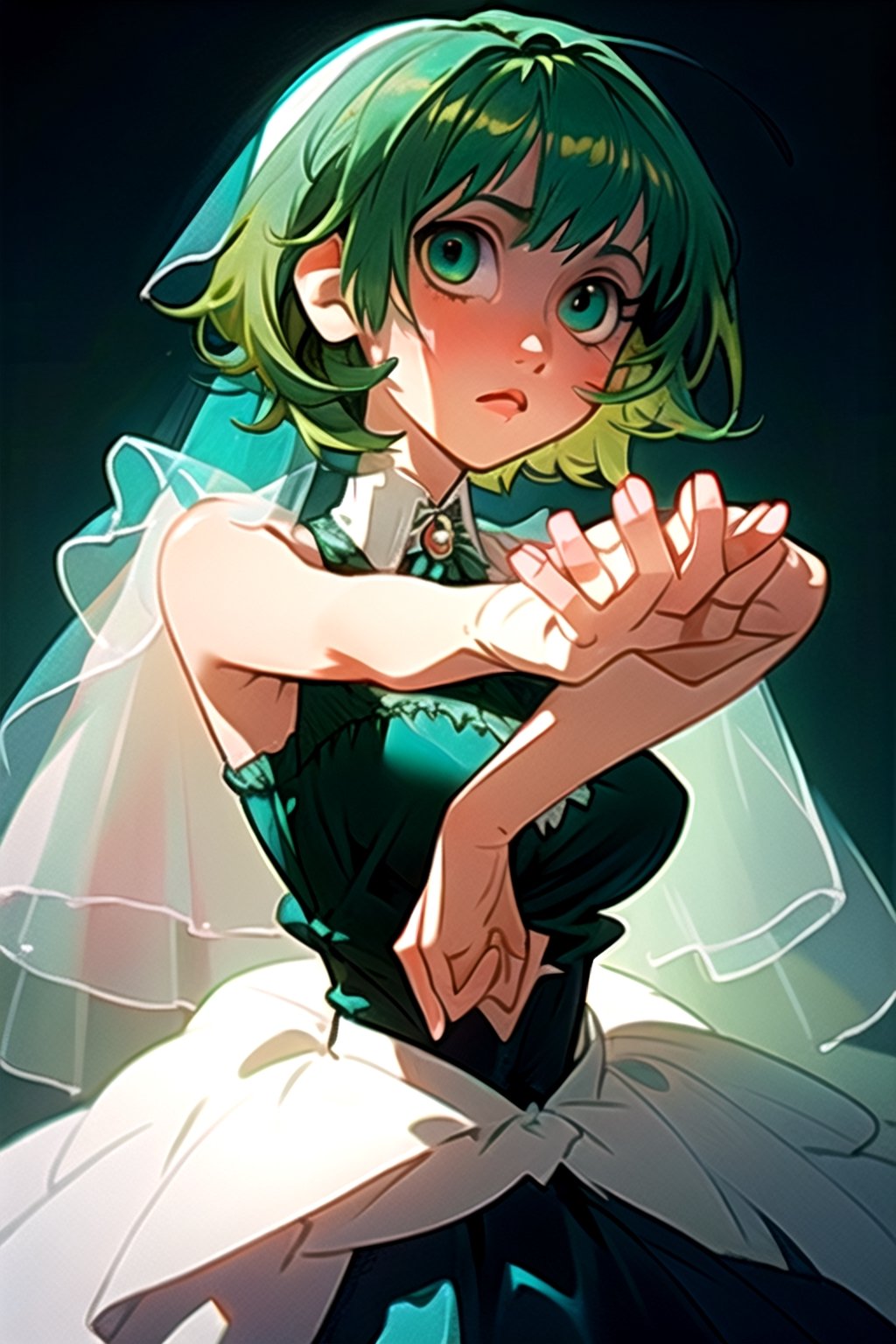 (best quality,  masterpiece),  soft lighting,  dynamic angle,  1girl,  Megpoid Gumi,  beautiful short hair,  beautiful detailed eyes,  simple design,  rounded boobs, (original blue bride dress), gestual expressive hands,  cool pose,  green hair,  green eyes, Good anatomy, better_hands