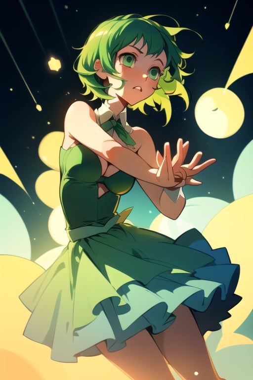 (best quality,  masterpiece),  soft lighting,  dynamic angle,  1girl,  Megpoid Gumi,  beautiful short hair,  beautiful detailed eyes,  simple design,  rounded boobs, (original blue bride dress), gestual expressive hands,  cool pose,  green hair,  green eyes, Good anatomy