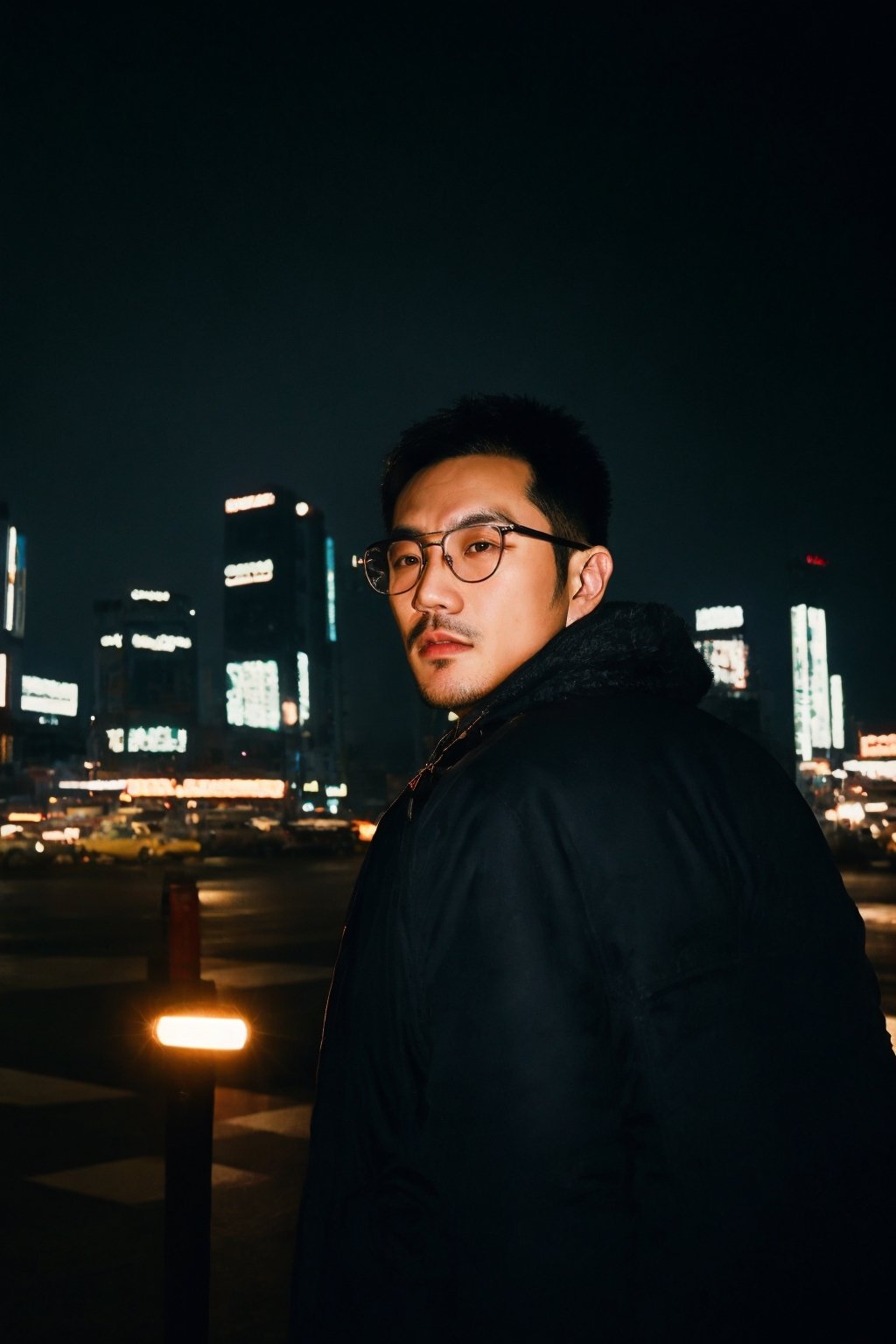 professional photography, RAW photo, HDR, UHD, 64K, perfect composition, natural lighting, handsome ,asina man,  realistic ,glasses ,stubble , Asian man,flash,flashlight, cityscape