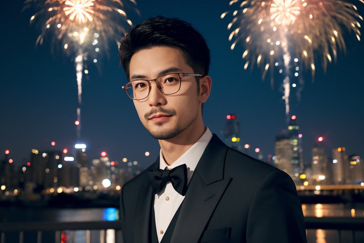 Asian man,glasses,facial hair ,handsome,cinematic lights, headshot,realistic,photorealistic , fireworks, formal clothing , upper body ,cityscape 