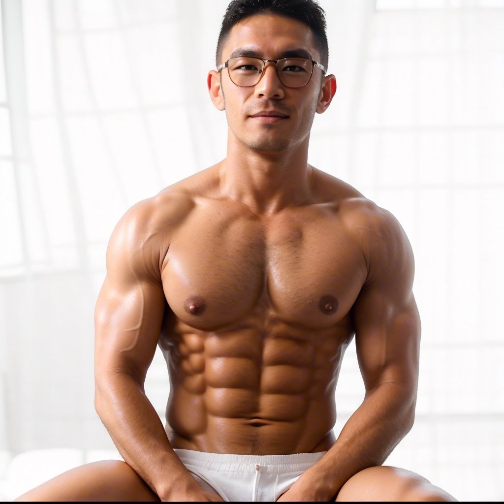 Japanese_male , glasses, stubble, body_hair, hairy_chest, naked, bodybuilder, handsome,  