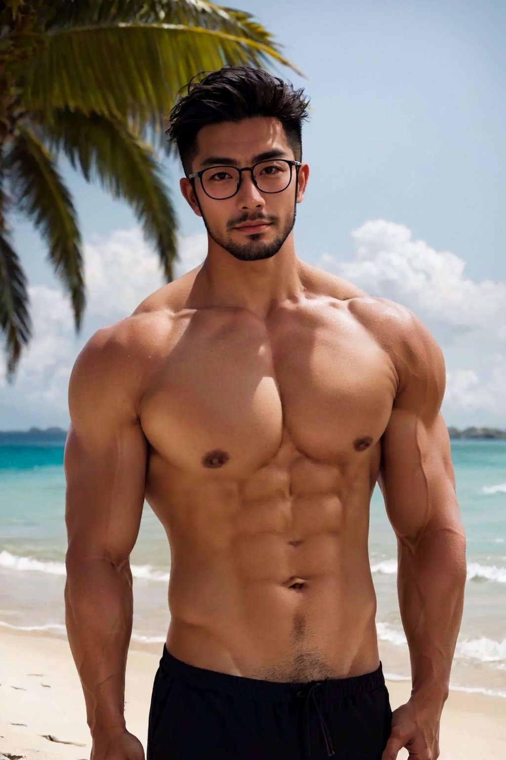 Asian man, handsome , glasses ,stubble, beach , summer , muscle, photorealistic , upper_body, cruise,