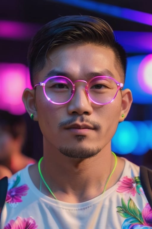 Asian man with stubble ,handsome ,round neon glasses,young , muscle ,highly detailed, high quality,4k , hdr , DJ , neon , razor light , disco, flower shirt, AirPods , night club, upper body ,depth , long lens, 