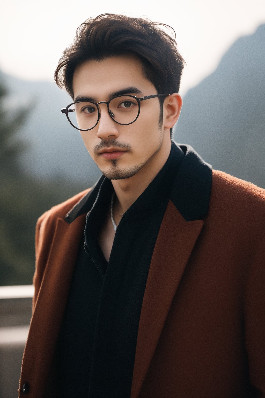 professional photography, HDR, UHD, 64K, perfect composition, natural lighting, handsome ,asina man,  realistic ,glasses ,stubble , stylish , dynamic camera 