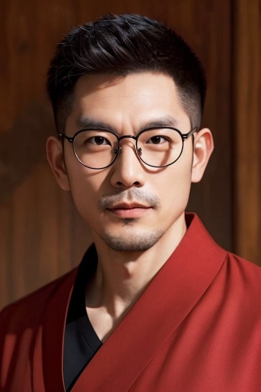 Asian man, handsome ,stubble ,photorealistic, headshot,middle aged ,round glasses, Chinese tunic suit ,Chinese style ,