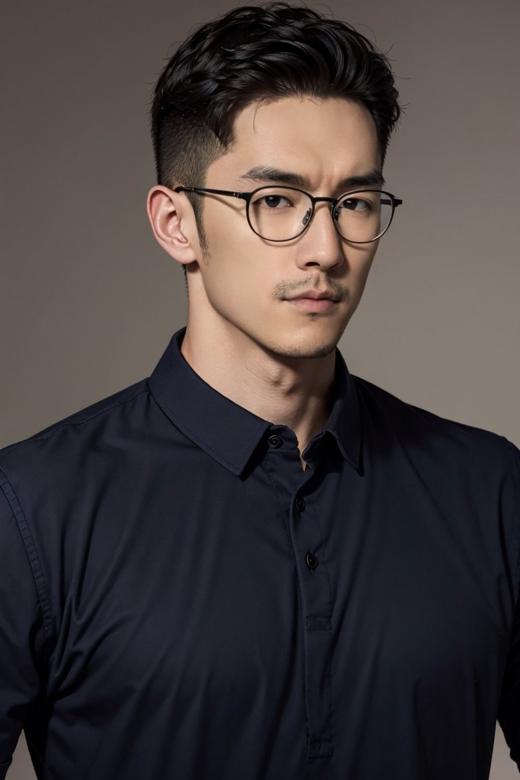 Asian man, handsome , glasses ,stubble  , muscle, photorealistic,