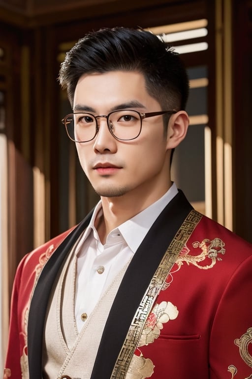 Asian man, handsome ,stubble ,photorealistic, headshot,young , charming , glasses, Chinese tunic suit ,Chinese style 