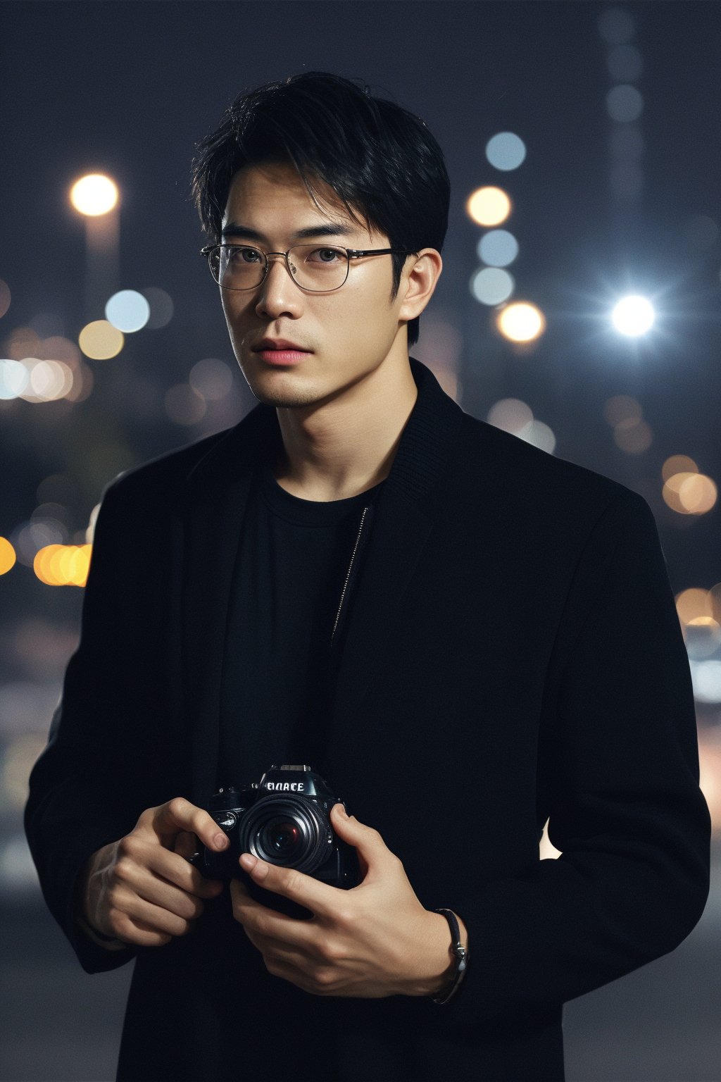 professional photography, RAW photo, HDR, UHD, 64K, perfect composition, natural lighting, handsome ,asina man,  realistic ,glasses ,stubble , Asian man,flash,flashlight, cityscape
