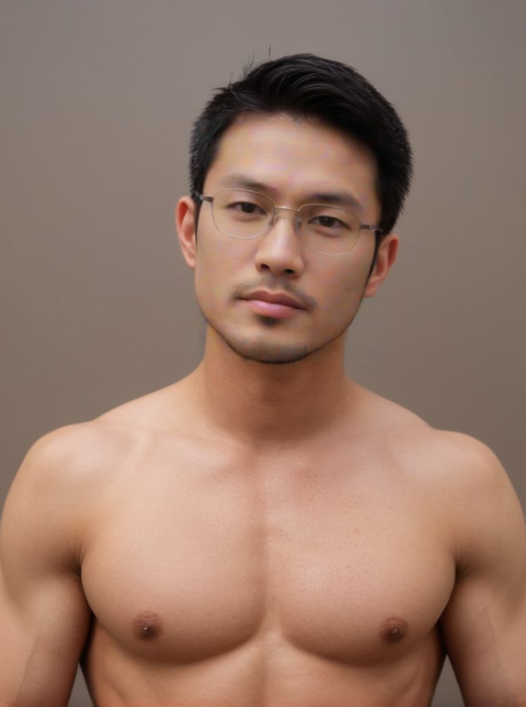 a middle aged asia man, his muscular physique glistening with petroleum oil that accentuates every contour,striking eyes,   glasses, lock at camera, full healthy lips , Stubble, black hair,white skin, dynamic pose that seems to defy gravity,perfect split lighting,perfect proportions face ,asian man,Muscle,