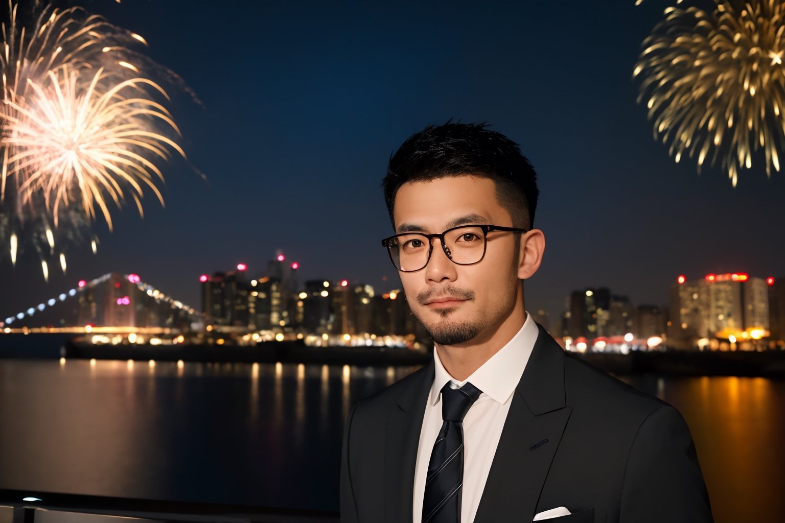 Asian man,glasses,facial hair ,handsome,cinematic lights, headshot,realistic,photorealistic , fireworks, formal clothing , upper body ,cityscape 