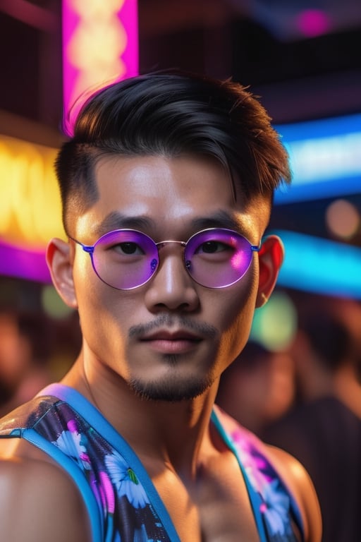 Asian man with stubble ,handsome ,round neon glasses,young , muscle ,highly detailed, high quality,4k , hdr , DJ , neon , razor light , disco, flower shirt, AirPods , night club, upper body ,depth , long lens, 