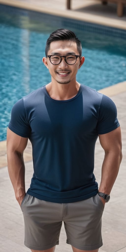 Masterpiece,Full body,a Muscular Asian male, realistic, masterpiece, intricate details, detailed background, depth of field,photorealistic ,glasses,stubble,pool ,brief,