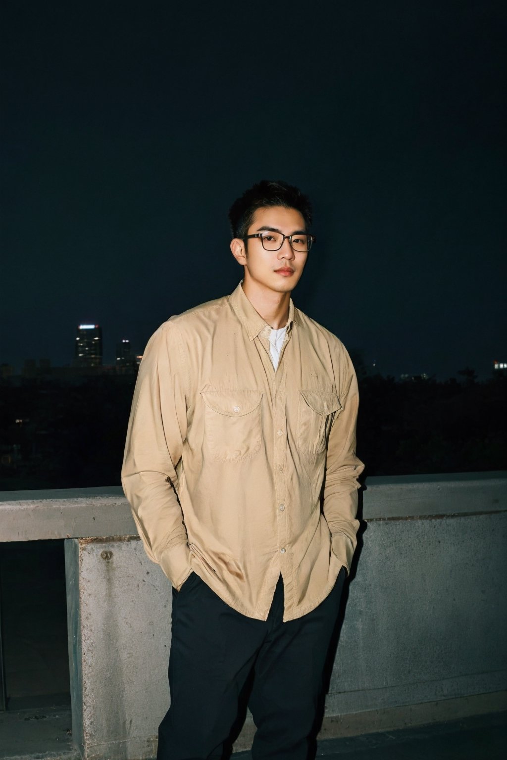 professional photography, RAW photo, HDR, UHD, 64K, perfect composition, natural lighting, handsome ,asina man,  realistic ,glasses ,stubble , Asian man,flash,flashlight, cityscape