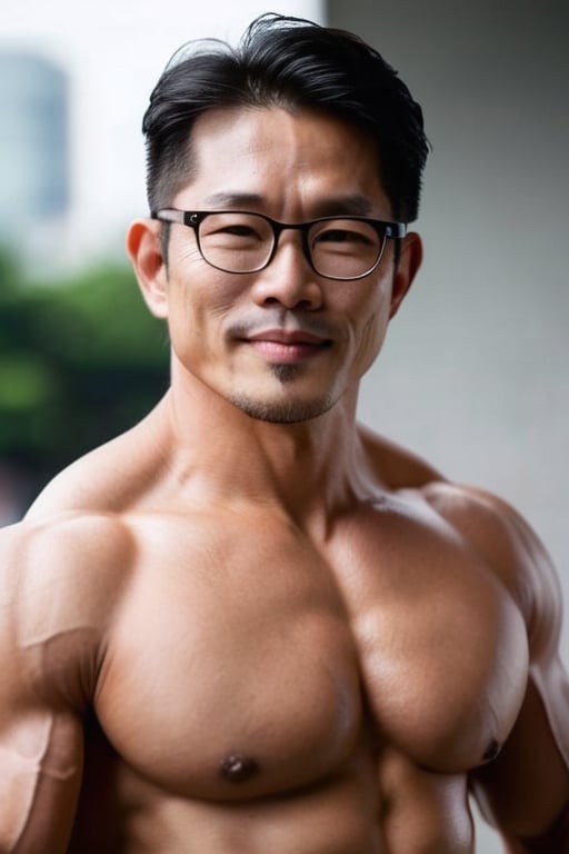 Asian man,handsome ,thick stubble ,glasses,middle age , muscle