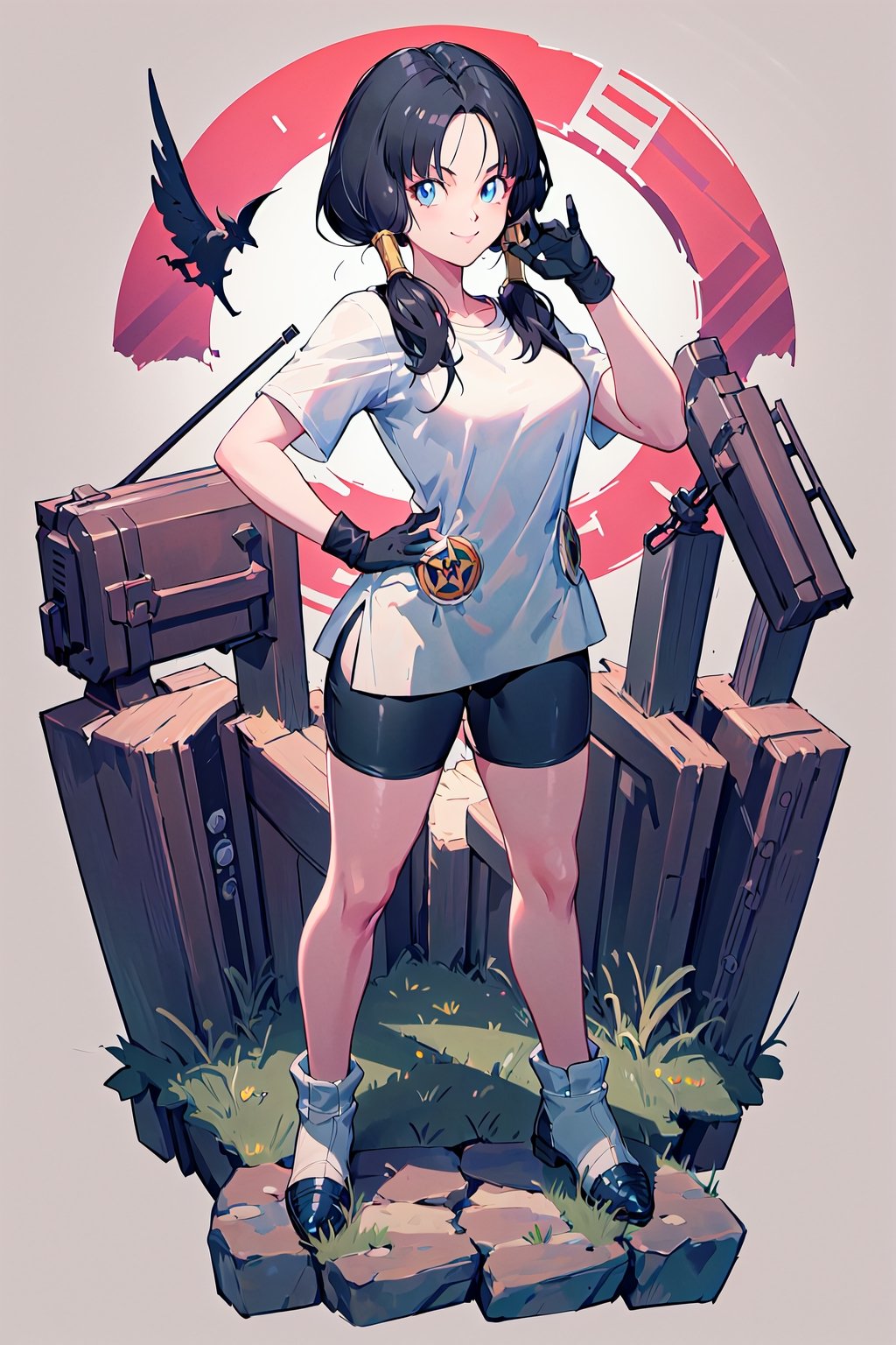 masterpiece, best quality, highres, videl2, solo, full_body, standing on a circular pedestal, blue eyes, black hair, twintails, black gloves, bike_shorts, bangs, white shirt, badge, medium breasts, smile, looking at viewer, anime concept art, detailed eyes, detailed face, flying pose