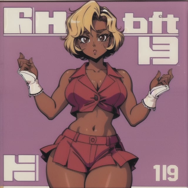 (Perfect body), Best Quality, (blush), pixie cut, (short hair), Dark Skin, gyaru, ((thick thighs)), Tomboy, blonde hair, brown eyes, tan skin, veronica, cover, good fingers, good hands, five fingers, best eyes, round pupil, retro,veronica,1990s (style), japanese schoolgirl