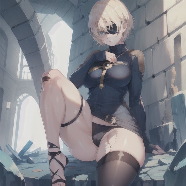 (Perfect body), Best Quality, ((Short Hair)), (blonde hair), blue eyes, face scars, ((body scars)), ((thick thighs)),  good fingers,  good hands, best eyes, round pupil, female_solo, ((tired)), glare, (((left eyepatch))), sweater, panties