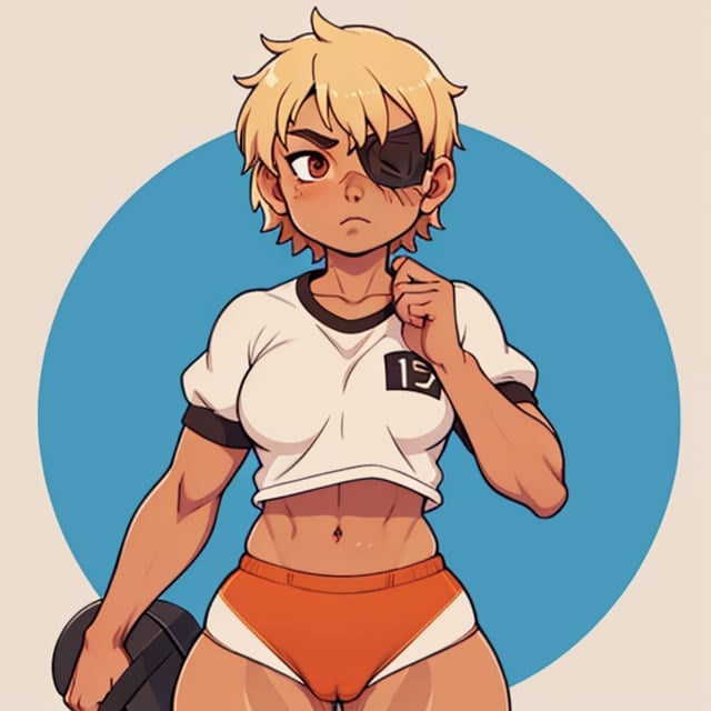 (Perfect body), Best Quality, ((Short Hair)), ((tan skin)), (blonde hair), asian, brown eyes, face scars, ((body scars)), ((thick thighs)),  good fingers,  good hands, best eyes, round pupil, female_solo, ((tired)), glare, (((left eyepatch))),  gym uniform