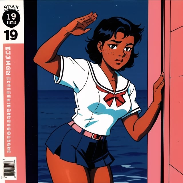 (Perfect body), Best Quality, (blush), (short hair), Dark Skin,  ((thick thighs)),  Tomboy,  shy,  freckles,  black hair,  brown eyes,  tan skin, veronica,  cover,  good fingers,  good hands, best eyes, round pupil, retro,1990s \(style\), sailor uniform, salute, ocean, warship