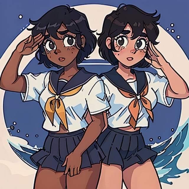 (Perfect body), Best Quality, (blush), (short hair), Dark Skin,  ((thick thighs)),  Tomboy,  shy,  freckles,  black hair,  brown eyes,  tan skin, veronica,  cover,  good fingers,  good hands, best eyes, round pupil, retro,1990s \(style\), sailor uniform, salute, ocean, warship