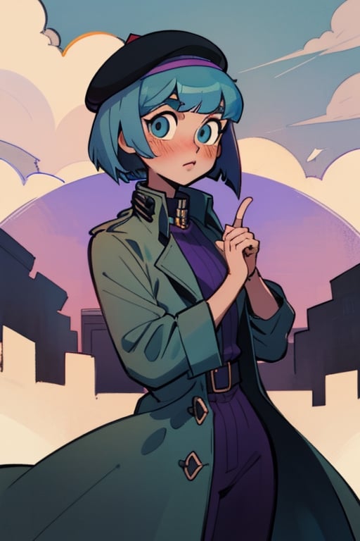 (Perfect body), Best Quality, (blush), (Bob cut), light Skin, (skinny), flat chest, ((light sky blue hair)), blue eyes, veronica, cover, good fingers, good hands, five fingers, best eyes, round pupil, veronica, noir, trench coat, purple wide brimmed hat, detective,veronica