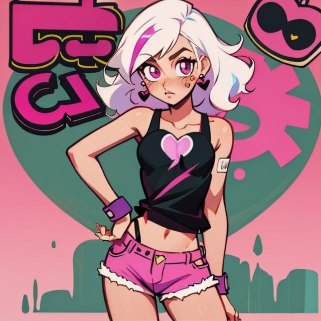 (Perfect body), Best Quality, (blush), (Fluffy Hair), light Skin, (skinny), flat chest, shy, white hair, bandaid, tomboy, magenta eyes, veronica, cover, good fingers, good hands, five fingers, best eyes, round pupil,veronica, heart earrings, black heart tank top, shorts, shotgun, hotline miami, magenta hair streak, pose, stare, back_against_the_wall